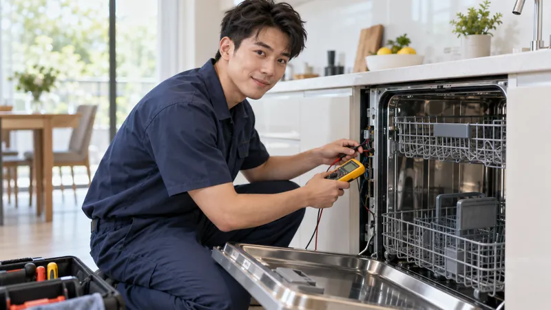 Appliance technician testing a dishwasher with a multimeter