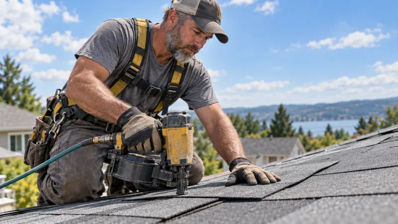 Roofer installing new shingles on a residential roof