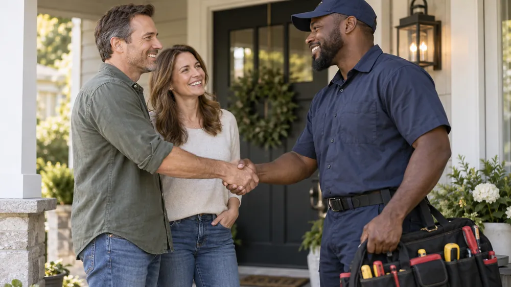 Electrician shaking hands with happy homeowners after a finished job