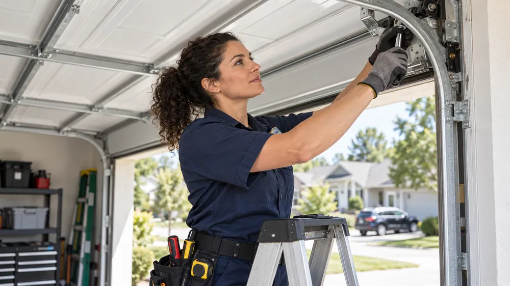 Garage door technician adjusting the track on a residential garage door