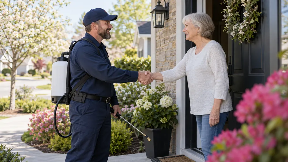 Pest control technician greeting a returning customer at her front door