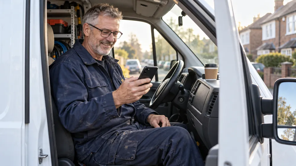 Plumber in his work van smiling at a new booking on his phone
