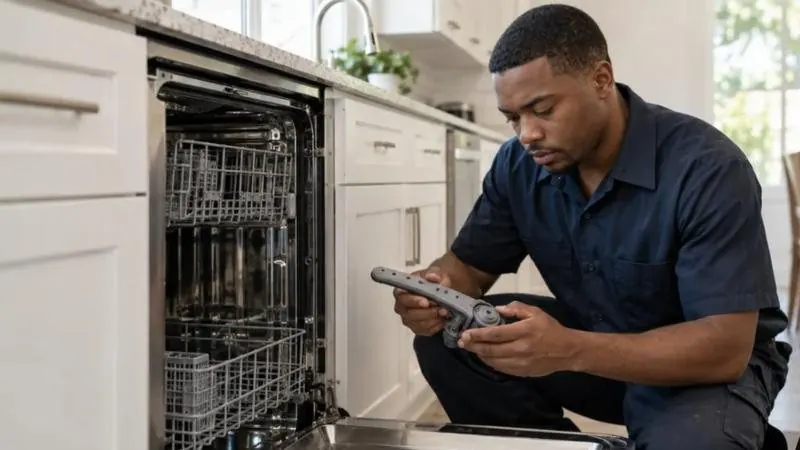 Appliance repair technician beside a refrigerator