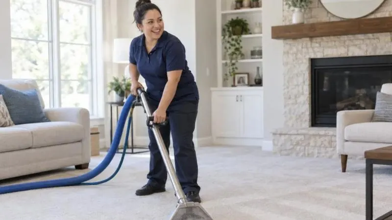 Technician steam cleaning a carpet