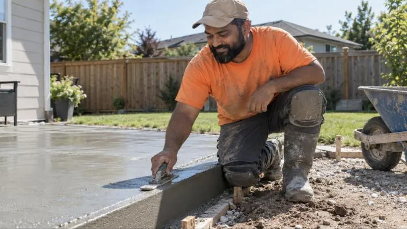 Concrete finisher edging a fresh patio