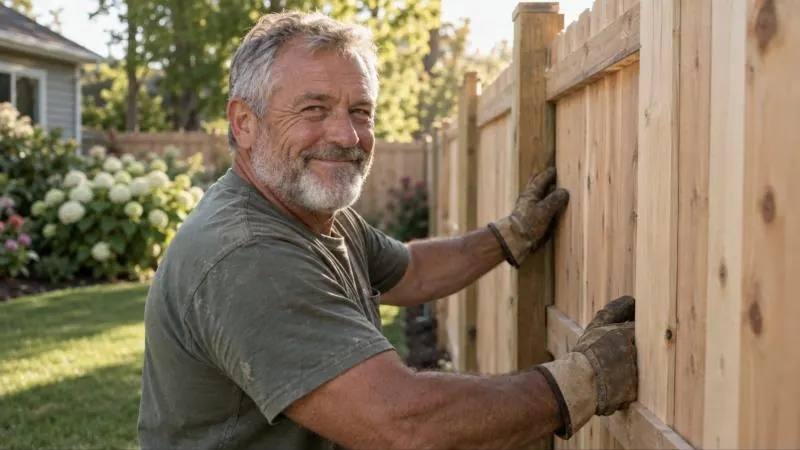 Fence installer pressing a cedar privacy panel into place
