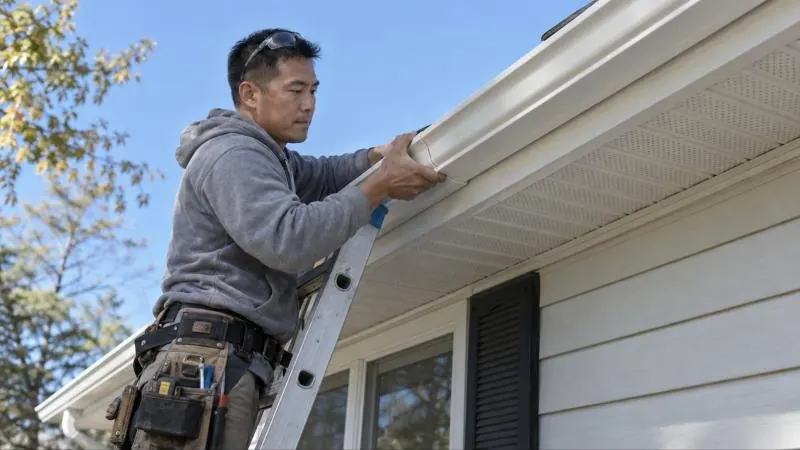 Gutter technician on a ladder fitting a new gutter