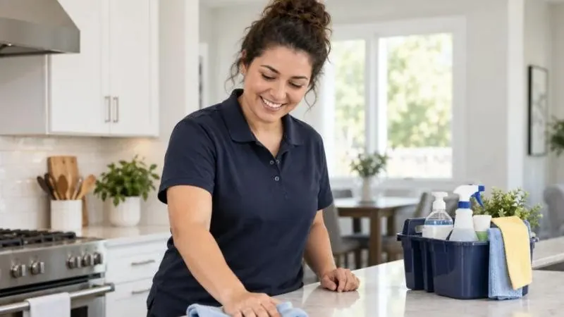 House cleaner wiping down a kitchen island