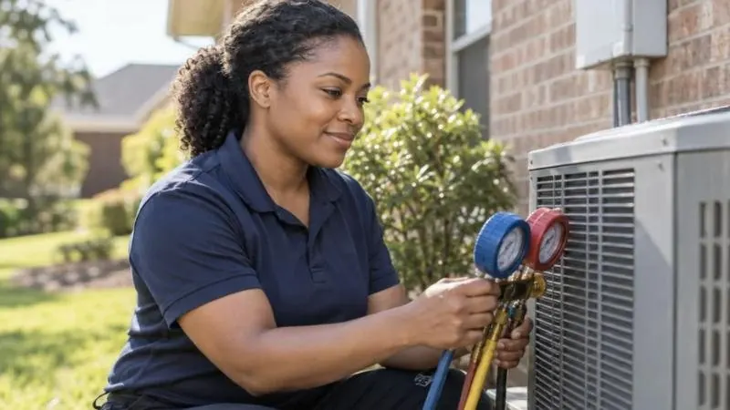 HVAC technician reading her gauges beside an outdoor AC unit