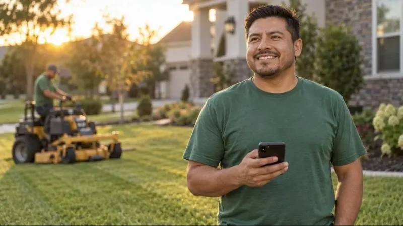 Landscaper smiling at his phone on a freshly mowed lawn
