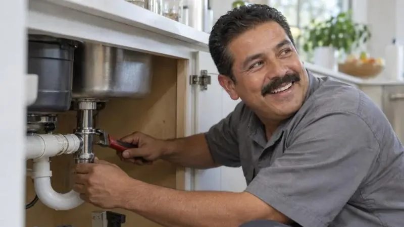 Plumber working under a kitchen sink