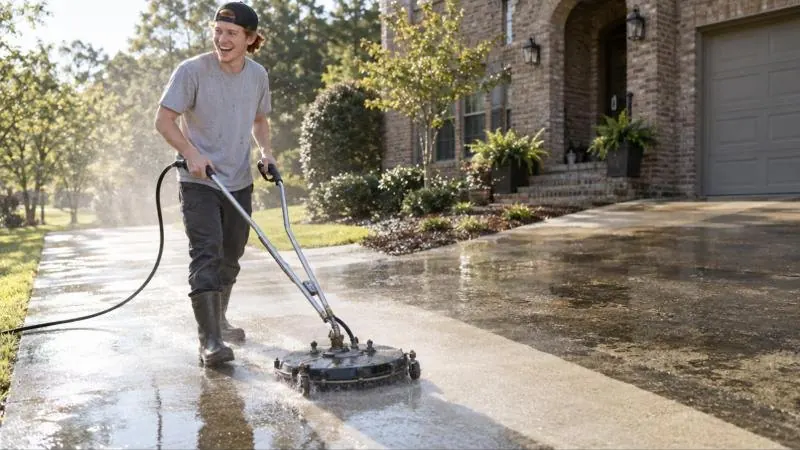 Technician pressure washing a driveway