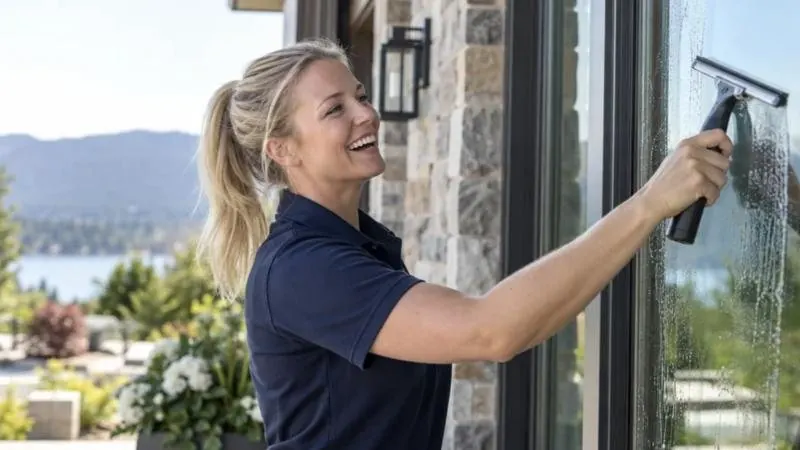Window cleaner squeegeeing a large window